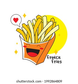 cartoon vector french fries with cute face, vector food logo illustration