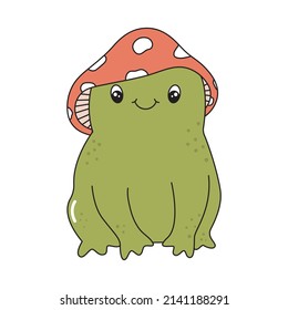 Cartoon vector frog character wearing mushroom hat  Cute toad in retro style  Vintage groovy sticker  Colorful funny animal 
