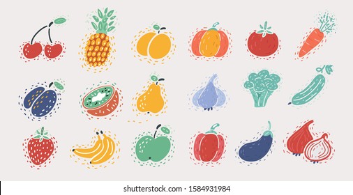 Cartoon vector fruit and vegetable set. Cherry, pineapple, peach, pumpkin, tomato, carrot, lump, kiwi, peach, garlic, broccoli, cucumber, strawberry, banana, apple, pepper, paprika, eggplant, garlic, 