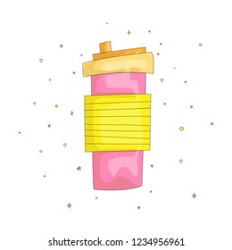 Cartoon vector fun cute illustration of pink mug of sweet cocktail. Cocktail take away with a straw in bright colors. Sweet smoothies to go in a plastic cup, plastic cup smoothie, smoothies cup