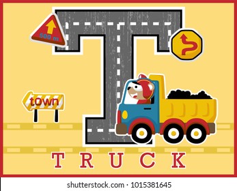 Cartoon vector of funny bear driving truck, industrial elements illustration on big T alphabet