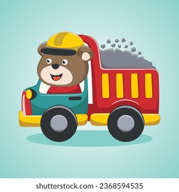 Cartoon vector of funny bear driving truck, industrial elements illustration, vector animal illustration graphic design for print