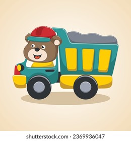 Cartoon vector of funny bear driving truck, industrial elements illustration, vector animal illustration graphic design for print