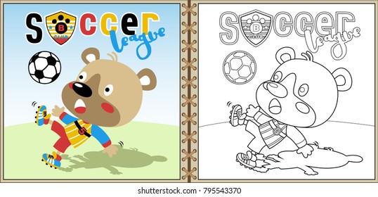 Cartoon vector of funny bear playing soccer, coloring page or book