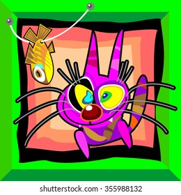 Cartoon vector funny cat. Color illustration. Vector print template.