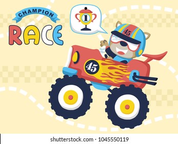 Cartoon vector of funny cat driving monster truck, car racing element illustration