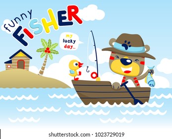 Cartoon vector of funny cat with duck on boat fishing in the sea