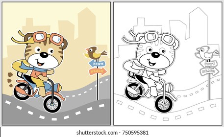 cartoon vector of funny cat riding motorcycle with a little bird on road sign, coloring book or page