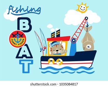 Cartoon vector of funny cat sailor on fishing boat with big fish, sailing element illustration