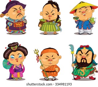 Cartoon. Vector. Funny Chinese people in national costumes, travesty cartoon. Characters.  Chinese set. Isolated objects. 