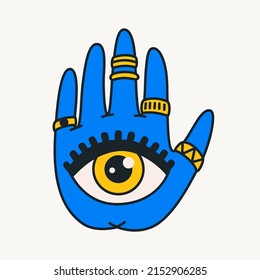 Cartoon vector funny cute Comic characters, hamsa hand.