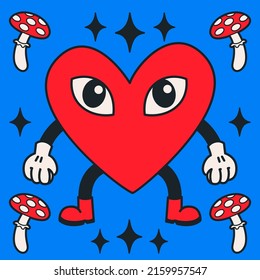 Cartoon vector funny cute Comic characters, heart with mushrooms.