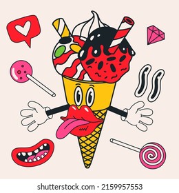 Cartoon vector funny cute ice crem cone, Comic characters.