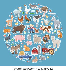 Cartoon vector funny farm collection. Large set of popular colorful animals and birds. Isolated illustration of comic farmer, dog, barn, cow, sheep, donkey, pig, chicken, rooster, duck, turkey, goat.