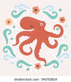 Cartoon vector funny illustration of cute smiling octopus decorated with marine elements in vintage style