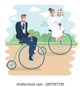 Cartoon vector funny illustration of just married couple riding on retro vintage bike in the park. Happy groom and bride newlyweds. Penny farthing bicycles
