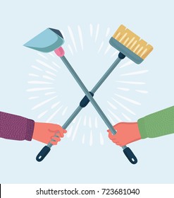 Cartoon vector funny illustration of struggle scene battle of humans hands holding cleaning brush and dust. Cleaning service elements supplies. Housework tools, dustpan and mop. Template for banners.