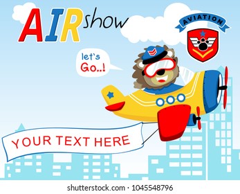 Cartoon vector of funny lion on airplane pulling banner across buildings with aviation logo
