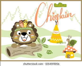 Cartoon vector of funny lion wearing feather headdress, little snail on mushroom, Indian tribe elements