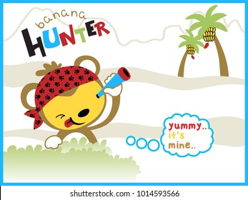 Cartoon vector of funny monkey holding binocular for looking banana