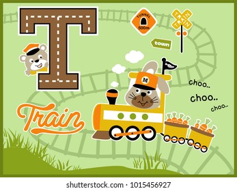 Cartoon vector of funny rabbit on steam train with carrot load, cute bear in T letter, railroad elements cartoon