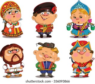 Cartoon. Vector. Funny in Russian folk costumes. Travesty cartoon. Characters.   Russian set. Isolated objects.