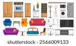 Cartoon vector furniture set in flat style with sofas, lamps, bed, armoires, shelves, TV, laundry machine, microwave oven, refrigerator, and posters for interior design use.