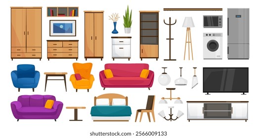 Cartoon vector furniture set in flat style with sofas, lamps, bed, armoires, shelves, TV, laundry machine, microwave oven, refrigerator, and posters for interior design use.