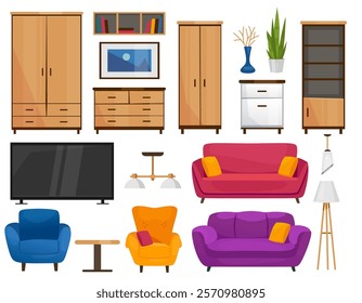 Cartoon vector furniture set in flat style with sofas, lamps, bed, armoires, shelves, TV, laundry machine, microwave oven, refrigerator, and posters for interior design use.