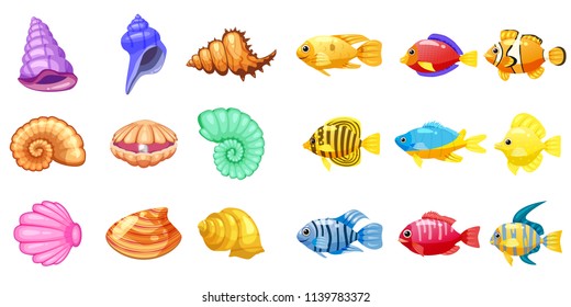 Cartoon Vector game icons with seashell, Colorful coral reef tropical fish, pearl, for underwater match three game, apps on white background. Isolated elements.