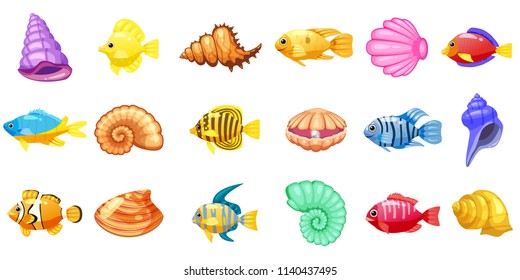 Cartoon Vector game icons with seashell, Colorful coral reef tropical fish, pearl, for underwater match three game, apps on white background. Isolated elements.