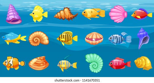Cartoon Vector game icons with seashell, Colorful coral reef tropical fish, pearl, background underwater, for match three game, apps on white background. Isolated elements.