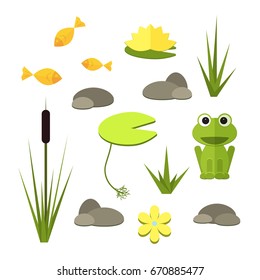Cartoon vector garden pond elements with water, plants and animals. Isolated summer pond life clipart in flat style.