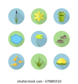 Cartoon vector garden pond icons with water, plants and animals. Isolated summer pond life clipart in flat style.