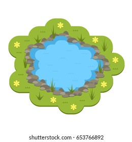 Cartoon vector garden pond illustration with water, plants and animals. Isolated summer pond life clipart in flat style.