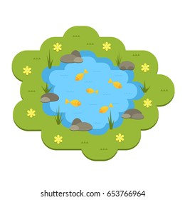 Cartoon vector garden pond illustration with water, plants and animals. Isolated summer pond life clipart in flat style.