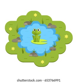 Cartoon vector garden pond illustration with water, plants and animals. Isolated summer pond life clipart in flat style.