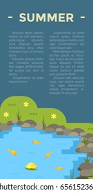 Cartoon vector garden pond illustration with water, plants and animals. Isolated summer pond life clipart in flat style.