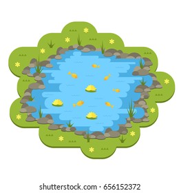 Cartoon vector garden pond illustration with water, plants and animals. Isolated summer pond life clipart in flat style.