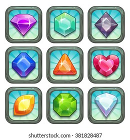 Cartoon vector gems and diamonds app icons set on the white background.