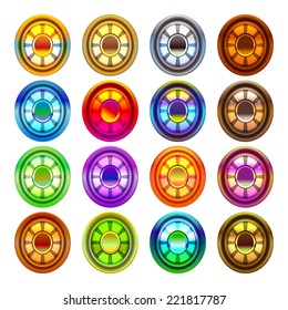 Cartoon vector gems and diamonds icons set in different colors background.