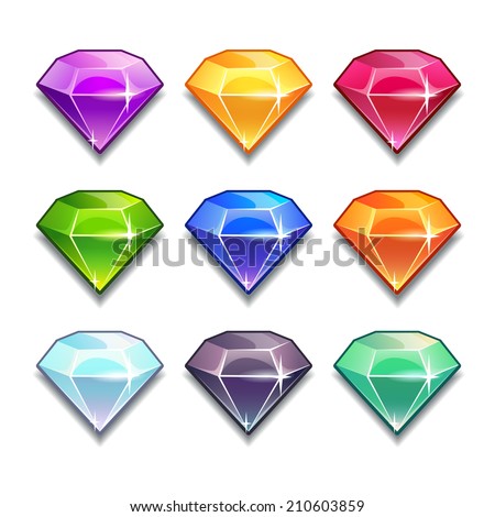 Cartoon vector gems and diamonds icons set in different colors on the white background.