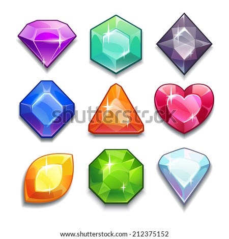 Cartoon vector gems and diamonds icons set in different colors with different shapes, isolated  on the white background.
