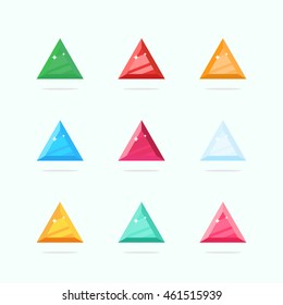 Cartoon vector gems and diamonds set in a flat style in different colors. Diamond stones isolated on a colored background. Vector illustration.