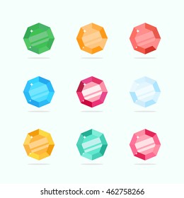 Cartoon vector gems and diamonds set in a flat style in different colors. Diamond stones isolated on a colored background. Vector illustration.