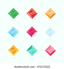 Cartoon vector gems and diamonds set in a flat style in different colors. Diamond stones isolated on a colored background. Vector illustration.