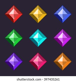 Cartoon vector gems icons set in different colors