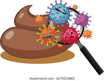 Cartoon vector of germs and bacteria magnified over feces with bold colors and clean outlines.
