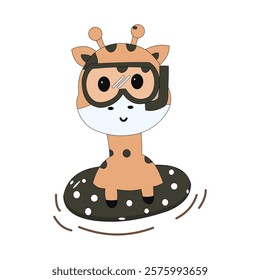 cartoon vector of a giraffe animal character swimming using a life jacket and swimming goggles. cute and cartoon giraffe character