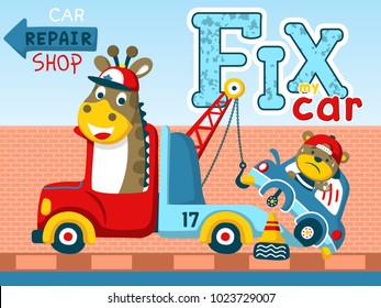 Cartoon vector of giraffe driving tow truck pulling a break down car with funny bear on bricks background